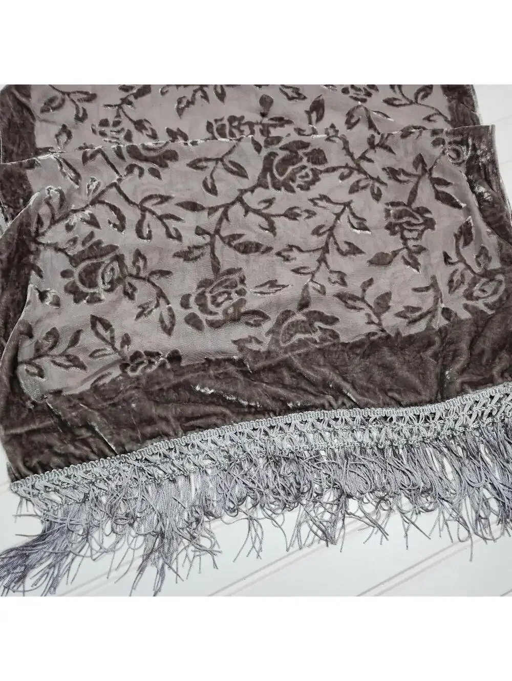 Cejon | Gray Velvet Floral Fringed Table Runner 72 x 21 Inches